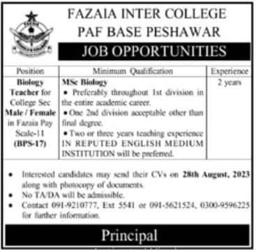 Lecturer Jobs At PAF College Peshawar