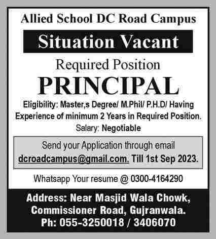 Private Prinicipal Jobs At Allied School Lahore