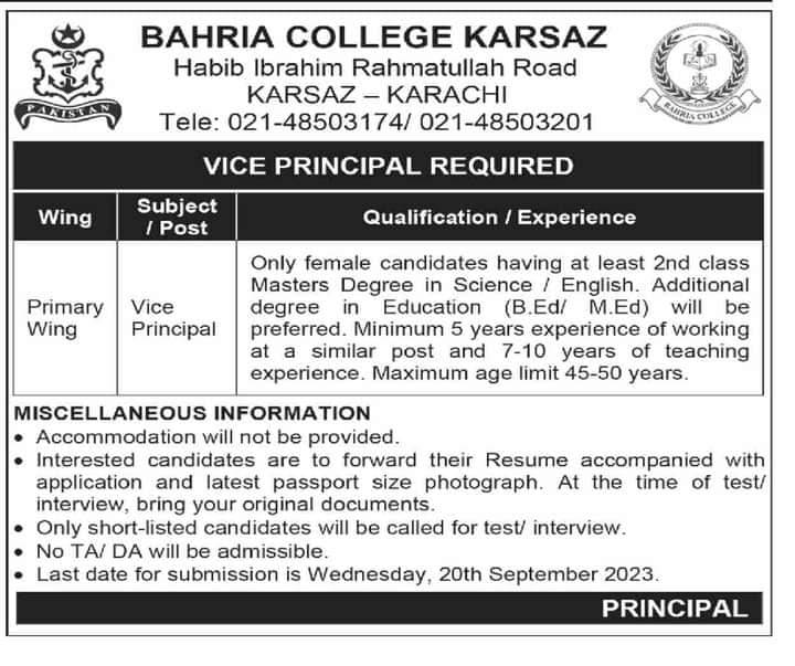 Bahria College Karsaz Jobs Advertisement