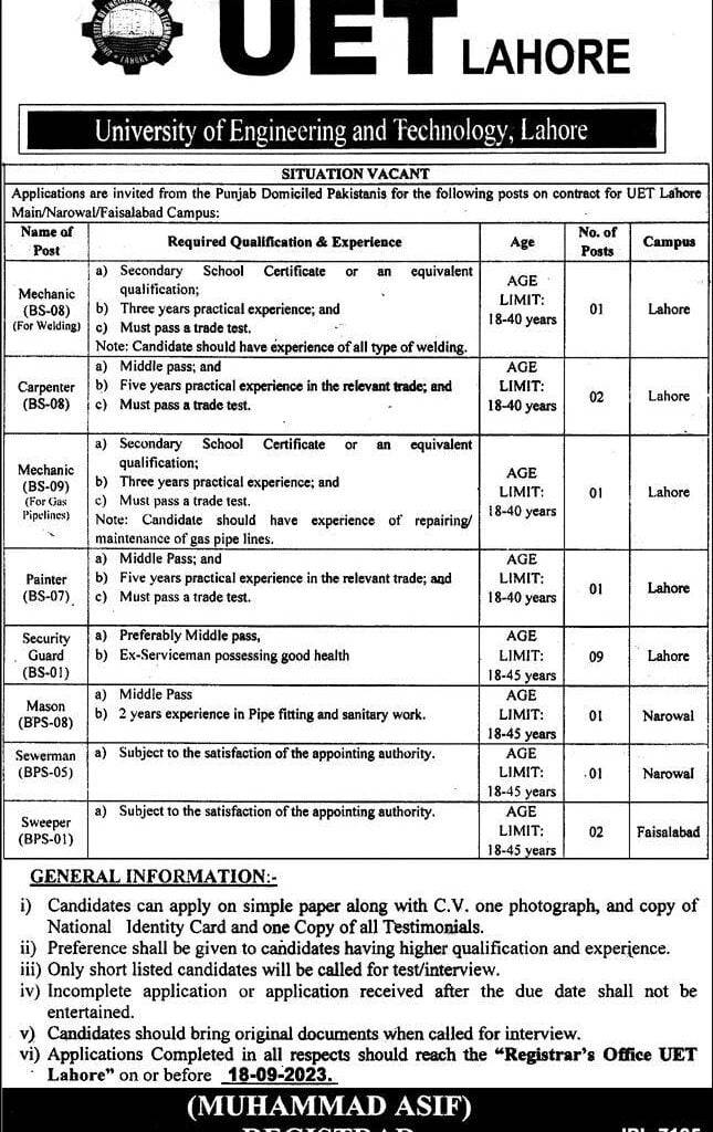 University of Engineering And Technology Lahore Jobs