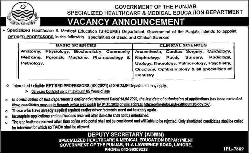 PHC Retired Professor Jobs