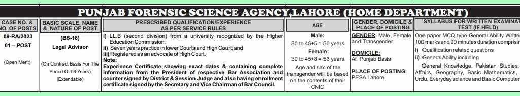 PPSC Legal Advisor Jobs Advertisement