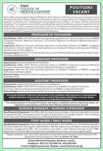 Professor Jobs At Fatima Memorial Hospital Lahore