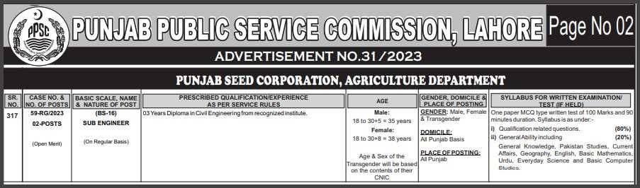 New-Government-Jobs-In-Punjab-(Sub-Engineer-BS-16)-[Punjab-Seed-Corporation]