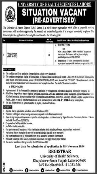 University-Jobs-In-Lahore-(Registrar-BS-20)-[University-Of-Health-Sciences]